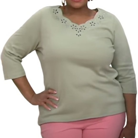 Quacker Factory Eyelet Scalloped 3/4 Sleeve T-shirt Top  10295 - Picture 1 of 2